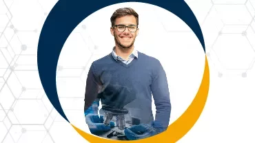 Hombre joven sonriente sobre un fondo abstracto hexagonal.