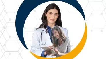 Doctora con bata blanca usando una tableta en un diseño gráfico.