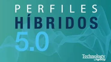 Texto: Perfiles Híbridos 5.0, fondo azul con diseño gráfico.