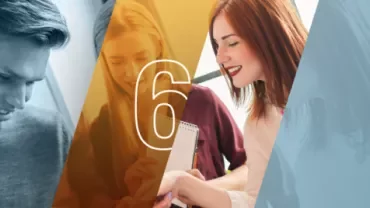 Tres personas colaborando, número 6 destacado.