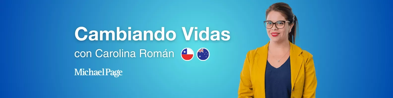 Imagen de Carolina Román con fondo azul y texto 'Cambiando Vidas'.