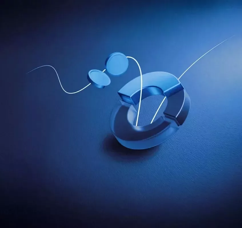 Formas circulares azules sobre un fondo azul, acompañadas por una línea blanca fluida que evoca movimiento financiero.