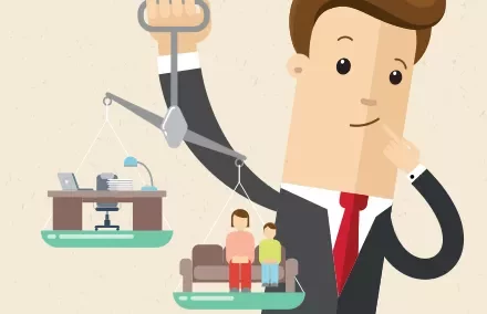 Ilustración de un hombre con una balanza, equilibrando trabajo y familia.